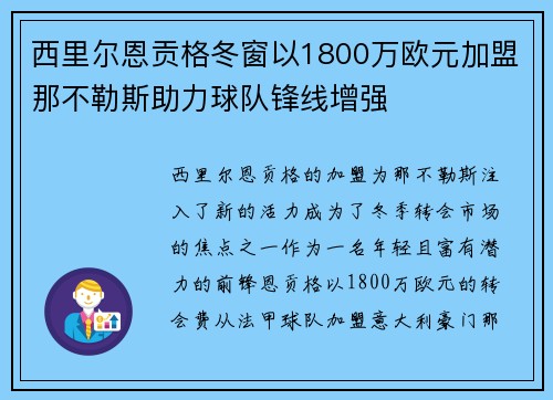 西里尔恩贡格冬窗以1800万欧元加盟那不勒斯助力球队锋线增强
